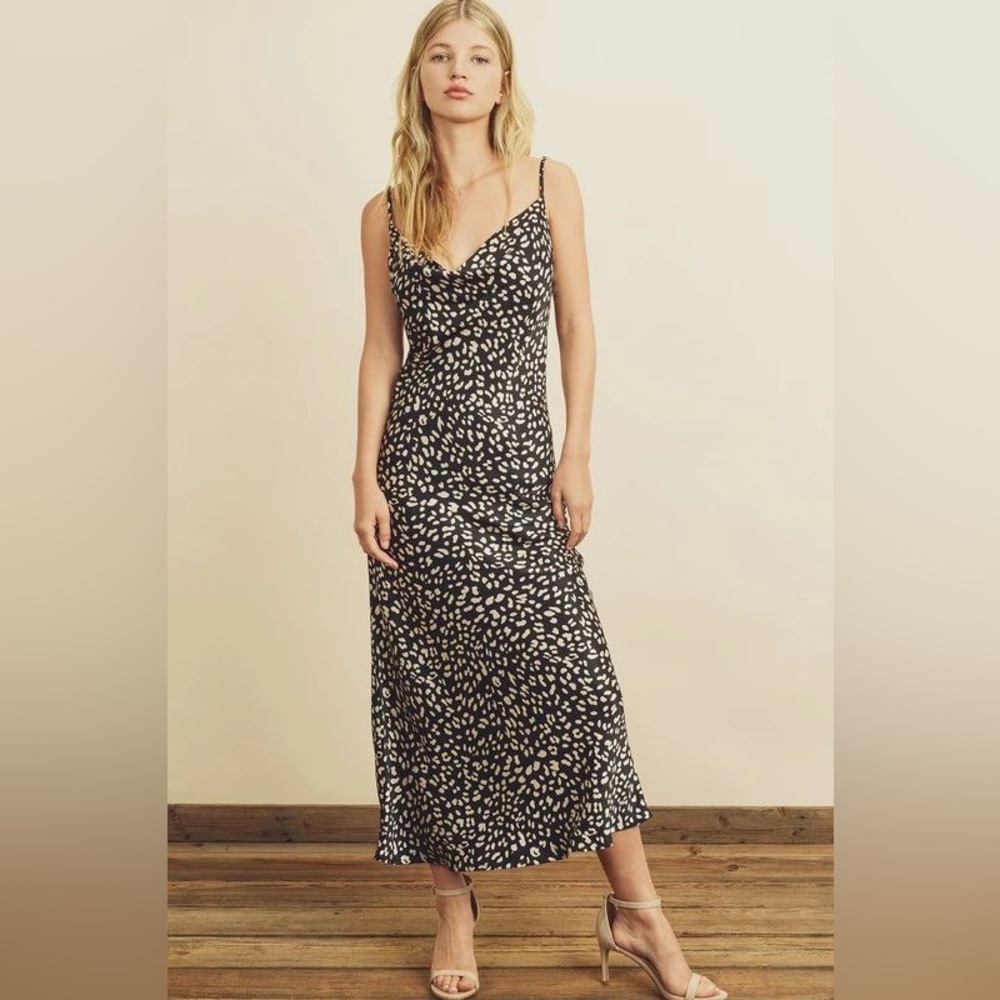 NWT satin black and white cheetah print midi slip dress with cowl neck